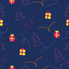Christmas colorful seamless pattern with Christmas trees and gifts
