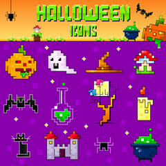 Halloween icons set. Pixel art style. Game design. Cute cartoon characters and fear holiday items. Vector stylized illustration.