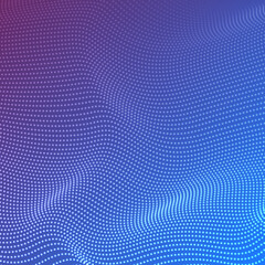 Wave of glow particles. Abstract background with a dynamic wave. Big data. Vector illustration. Dot blue violet wave light technology texture background. Abstract big data 3d digital concept