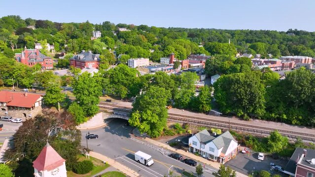 Belmont commercial center Leonard Street aerial view in historic center of Belmont, Massachusetts MA, USA. 