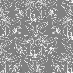 seamless contour pattern of large white graphic flowers on a gray background, texture, design