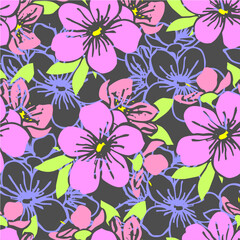 seamless pattern of pink silhouettes and blue contours of flowers on a gray background, texture, design