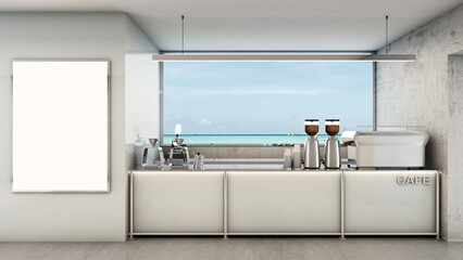 Cafe shop  Restaurant design Modern and Loft,Stainless steel top counter,White glass counter, Board mock up on white glass wall, Concrete floors,Stainless steel window take view sea- 3D render
