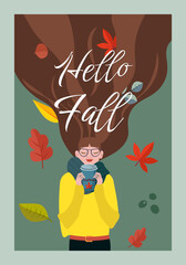 A beautiful girl in a scarf and glasses against the background of falling leaves of maple, oak, aspen. The concept of enjoying a cozy autumn. Autumn postcard. Vector illustration in flat style