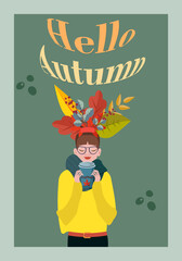 A beautiful girl in a scarf and glasses against the background of falling leaves of maple, oak, aspen. The girl is holding a cup of coffee. Fragrance enjoyment. The concept of enjoying a cozy autumn. 