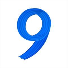 Number 9 of realistic blue paint brush strokes. Numbers isolated on a white background. Number nine written smears by blue paint. 