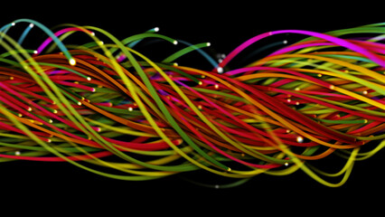 3D rendering of a colorful abstract background of strings, lines, ribbons, fibers or wires