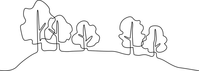 Landscape park with path and trees. Continuous line drawing illustration. Vector