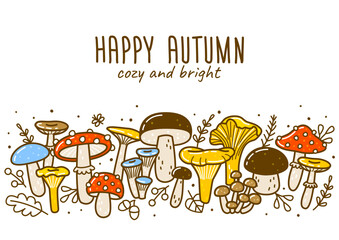 Cute cartoon mushrooms horizontal border for Your autumn design - 535594258