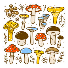 Set of cute cartoon mushrooms isolated on white for Your autumn design
