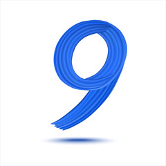 Number 9 of realistic blue paint brush strokes. Numbers isolated on a white background. Number nine written smears by red paint. Vector EPS 10