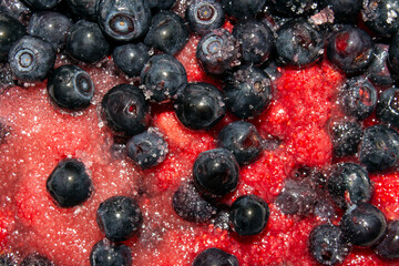 Blueberries and strawberries in sugar.Background of strawberries in sugar.Blueberries in sugar.Wild berries background.