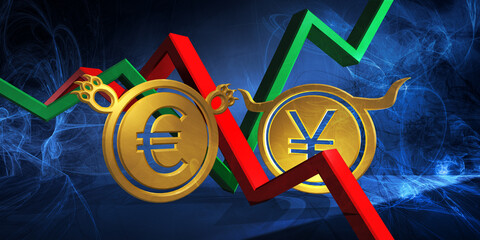 bullish jpy or cny to bearish eur currency. foreign exchange market 3d illustration of japanese yen or chinese yuan to european euro. money represented  as golden coins