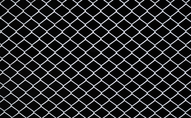 Fototapeta premium Mesh fence background. Grid iron grates, Grid pattern, steel wire mesh fence wall background, Chain link metal seamless pattern fence on black background. 