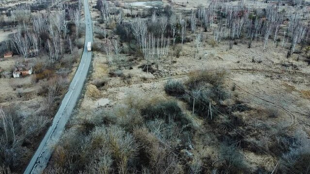 Aerial view of ghost city Chernobyl region. Dead city, empty road, winter time. 35 years after disaster and evacuation. apocalyptic city.