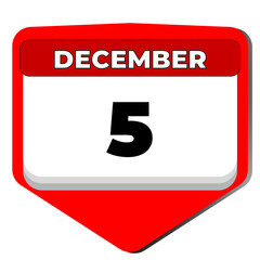 5 December vector icon calendar day. 5 date of December. Fifth day of December. 5th date number. 5 day calendar. Five date. World soil, International volunteer. Vector illustration