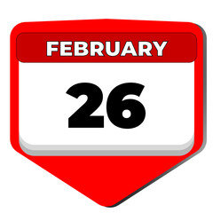 26 February vector icon calendar day. 26 date of February. Twenty sixth day of February. 26th date number. 26 day calendar. Twenty six date. Vector illustration