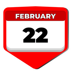 22 February vector icon calendar day. 22 date of February. Twenty second day of February. 22th date number. 22 day calendar. Twenty two date. Vector illustration