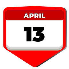 13 April vector icon calendar day. 13 date of April. Thirteenth day of April. 13th date number. 13 day calendar. Thirteen date. Vector illustration