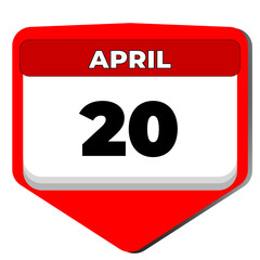 20 April vector icon calendar day. 20 date of April. Twentieth day of April. 20th date number. 20 day calendar. Twenty date. National High Five. Vector illustration