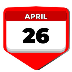 26 April vector icon calendar day. 26 date of April. Twenty sixth day of April. 26th date number. 26 day calendar. Twenty six date. World Intellectual Property. Vector illustration