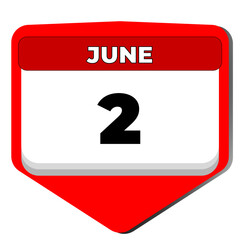 2 June vector icon calendar day. 2 date of June. Second day of June. 2nd date number. 2 day calendar. Two date. Italian Republic. Vector illustration
