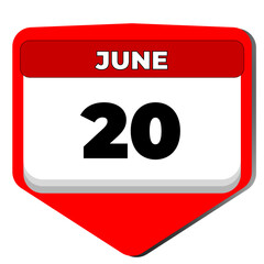 20 June vector icon calendar day. 20 date of June. Twentieth day of June. 20th date number. 20 day calendar. Twenty date. World Refugee, Ice Cream Soda, Vanilla Milkshake. Vector illustration