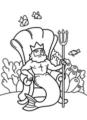 Vector illustration with Neptune on the throne. Coloring page with a fairy-tale character under water. The Sea King.