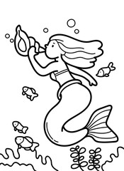 Vector illustration of a mermaid blowing into a shell. Coloring book with a fairy-tale character swimming in the sea.