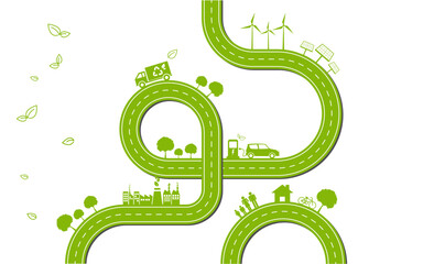 Green road and city for Sustainability development and alternative energy concept, Template background with copy space Vector illustration © flyalone