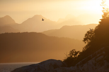 Golden Hour sunset over hills and mountains