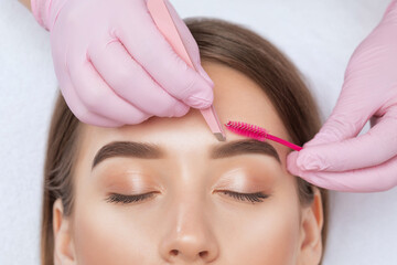 Makeup artist plucks eyebrows after dyeing in a beauty salon. Professional make-up and cosmetic...