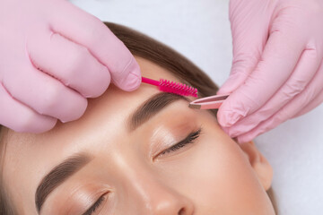 Makeup artist plucks eyebrows after dyeing in a beauty salon. Professional make-up and cosmetic...