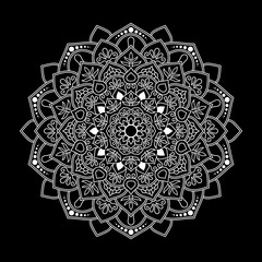 White mandala on black background, Pattern Stencil Doodles Sketch, Round ornament patterns for Henna, Mehndi, Tattoo