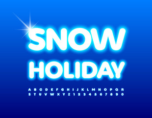 Vector creative banner Snow Holiday. White glowing Font. Artistic Alphabet Letters and Numbers set