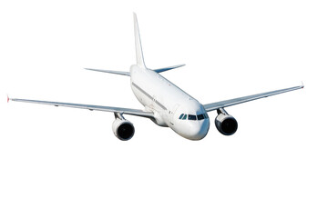 Flying white passenger airplane isolated on transparent background