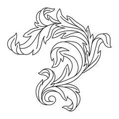 Decorative floral element in baroque style. Engraved black curling plant.
