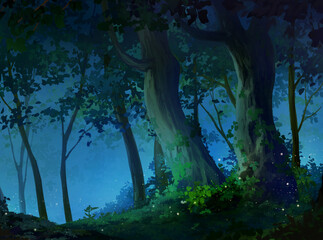 Mystery forest- Night, Anime background, Illustration.	
