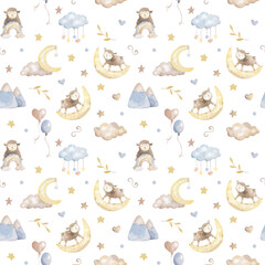 Baby lambs watercolor seamless pattern illustration with cute animals for nursery and baby shower. Elements on white. For children's background, print fabric, Children's design, wallpaper, textile.