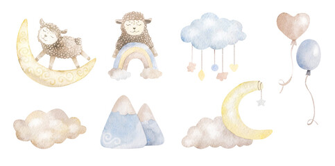 Baby lambs watercolor illustrations with cute animals set for nursery and baby shower. Elements on white. For children's background, print fabric, Children's design, wallpaper, textile.