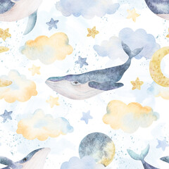 Watercolor whales, clouds, moon, stars, seamless pattern. Watercolor illustrations clip art. For t-shirt print, wear fashion design, baby shower, kids cards, linens, wallpaper, textile.