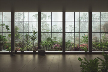 Fototapeta na wymiar Beautiful indoor garden filled with plants and waterways. 3d render photorealistic