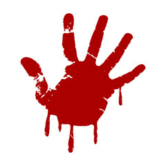 Bloody hand print with dripping blood. Red palm imprint with drops of blood. Scary Halloween concept. Victim of violence. Horror movie idea. Crime investigation scene. Vector illustration, clip art. 