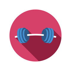 Barbell color icon in a red circle with a long shadow. Healthy lifestyle concept. Sport fitness equipment. Blue dumbbell for weightlifting. Curved bar with weights. Vector illustration, flat, clip art