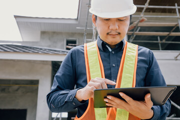 Professional home builder inspects house structures using modern tablet technology.