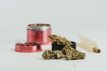 Marijuana buds on white background, close up. Cannabis is a herbal or alternative medicine