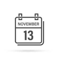November 13, Calendar icon with shadow. Day, month. Flat vector illustration.