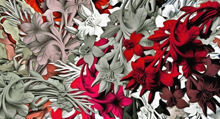 Computer graphics of abstract floral psychedelic background stylization of colored chaotic stickers in the form of leaves