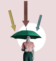 A woman with an umbrella as a concept of protection from adverse factors. Art collage.