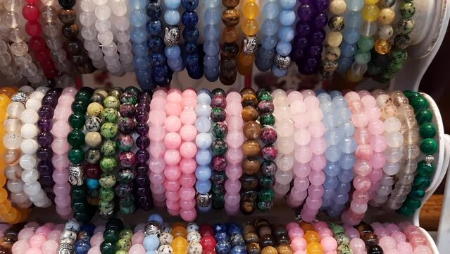 Gemstone, crystal colorful bracelets, women jewelry, natural mineral stone accessories, jewellery shop.